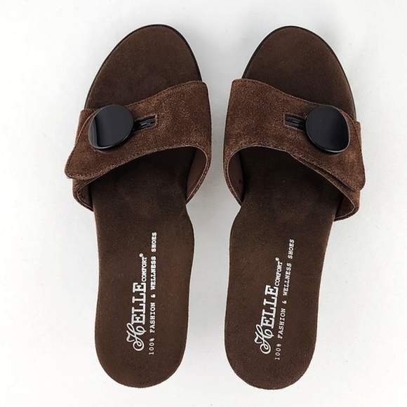 Helle Comfort Brown Suede Chrome Kitty Heeled Slip On Sandals Arch Support Sz 38 - Picture 7 of 16